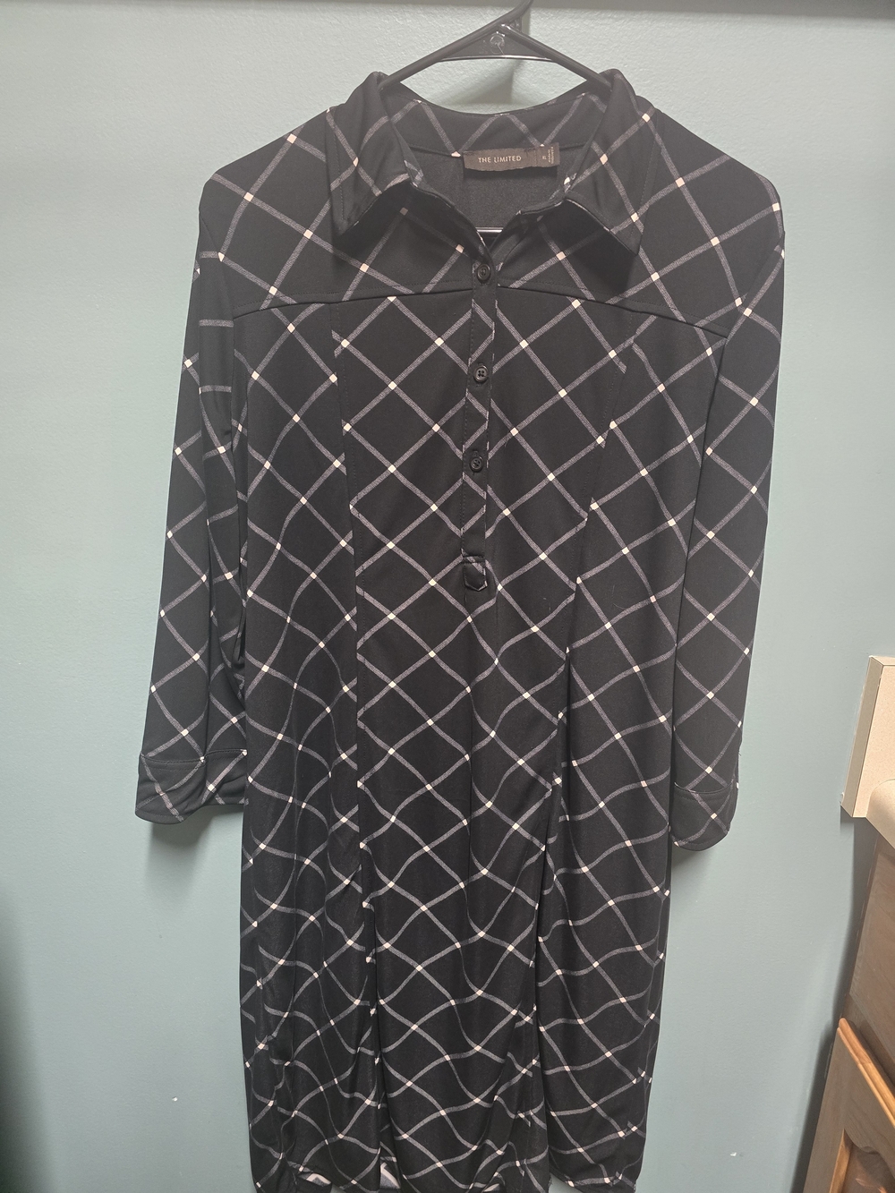 The Limited Black Grid-Print Button Front Long Sleeve Dress